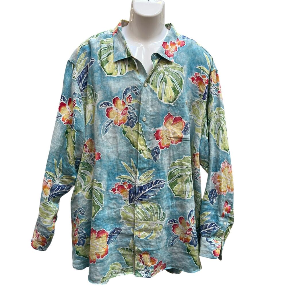 Tommy Bahama 100% Linen Hawaiian Floral Button Front Shirt Men’s 4XL Blue